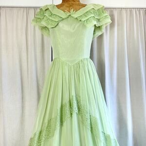 Vintage 50s Southern Belle Celery Green Lace Ruffled Hoop Skirt Gown, XS